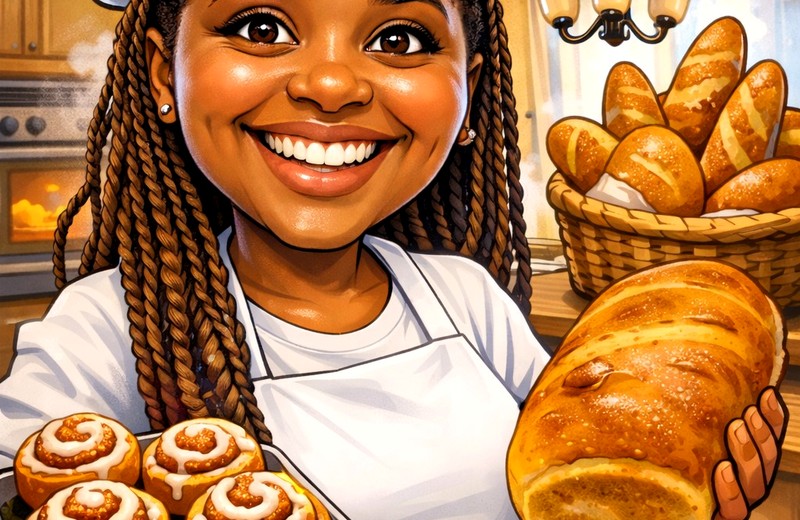 Fresh baked goods and baker portrait