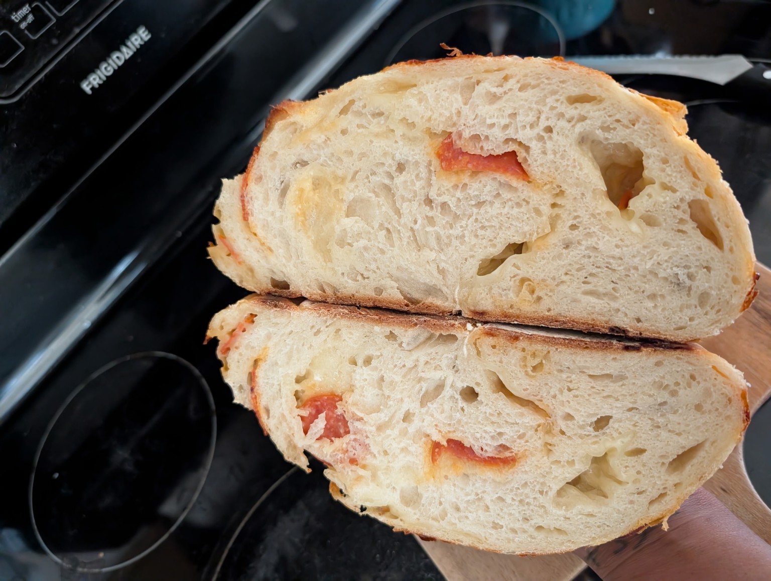 Pepperoni and cheese inclusion loaf cross section
